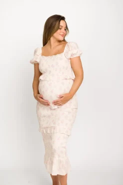 Online Worth Collective Ada Smocked Dress in Pink Floral- Bump Friendly & Inclusive Sizing (S-