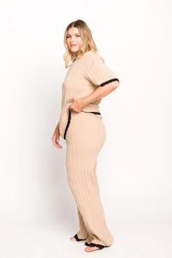Online Worth Collective Adele Ribbed Knit Top and Pants Set in Light Taupe