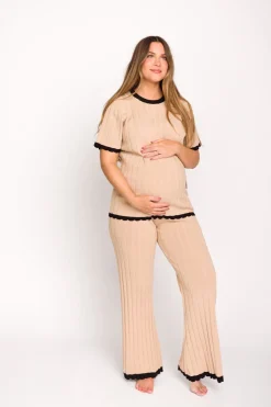 Online Worth Collective Adele Ribbed Knit Top and Pants Set in Light Taupe