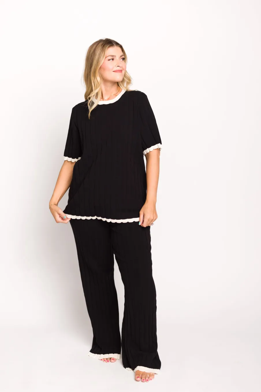 Best Worth Collective Adele Ribbed Knit Top and Pants Set in Black