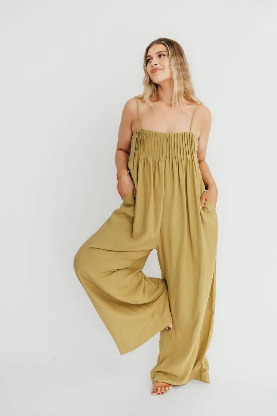 Hot Worth Collective Adeline Pleated Jumpsuit in Olive