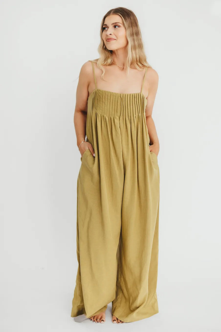 Hot Worth Collective Adeline Pleated Jumpsuit in Olive