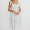 Clearance Worth Collective Adelynn Ruffle Midi Dress in White/Blue