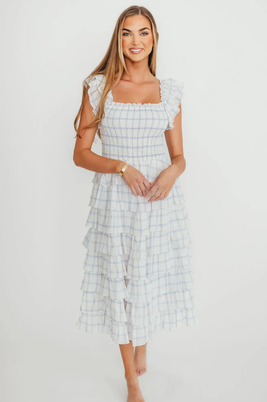 Clearance Worth Collective Adelynn Ruffle Midi Dress in White/Blue