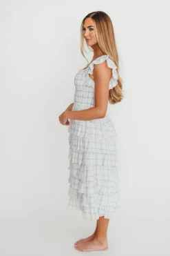 Clearance Worth Collective Adelynn Ruffle Midi Dress in White/Blue