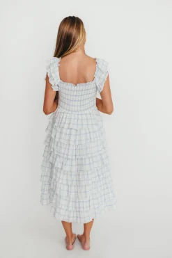 Clearance Worth Collective Adelynn Ruffle Midi Dress in White/Blue