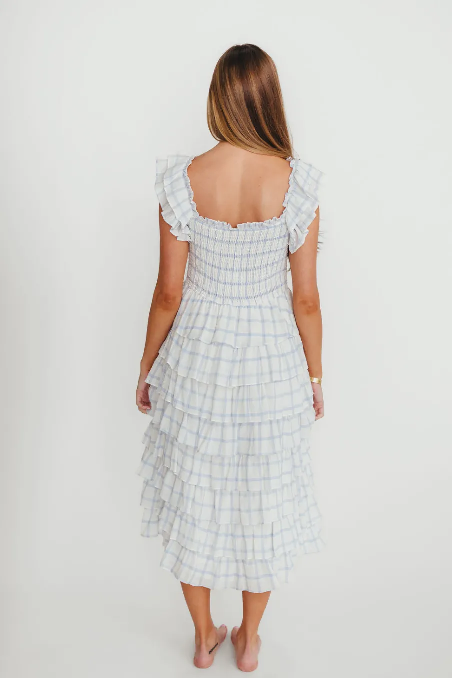 Clearance Worth Collective Adelynn Ruffle Midi Dress in White/Blue
