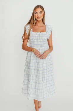 Clearance Worth Collective Adelynn Ruffle Midi Dress in White/Blue
