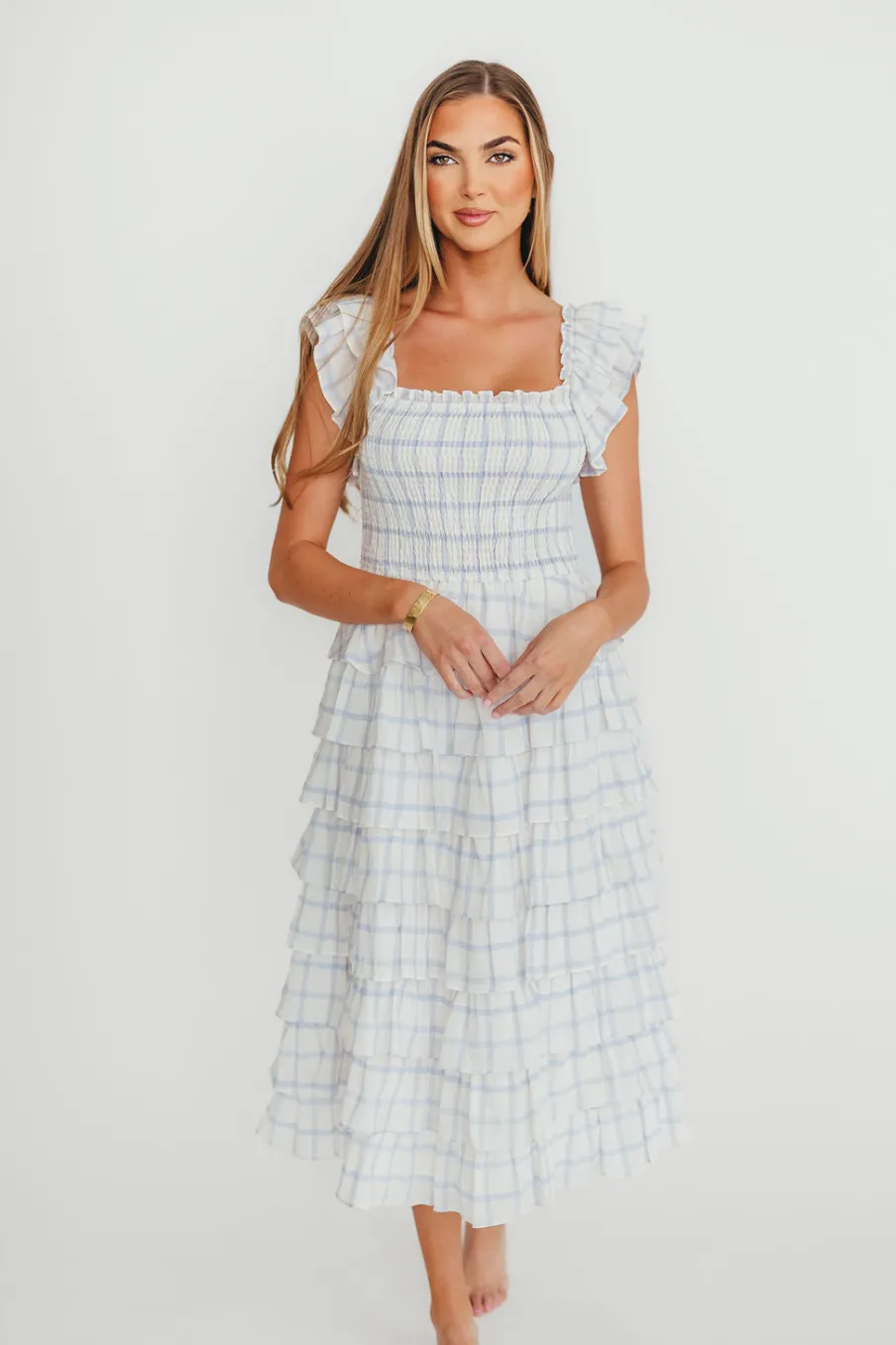 Clearance Worth Collective Adelynn Ruffle Midi Dress in White/Blue