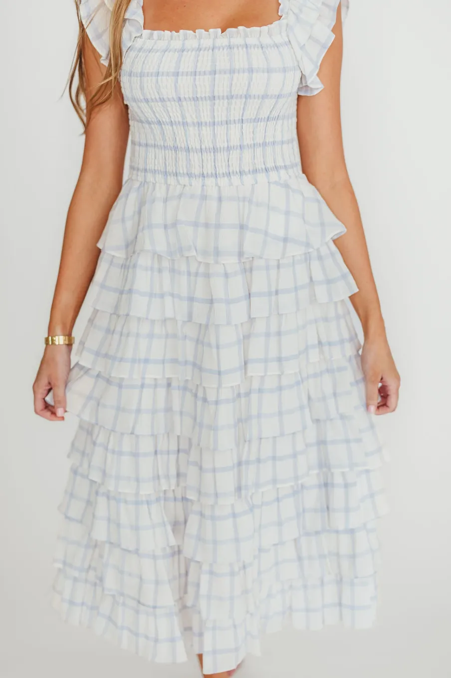 Clearance Worth Collective Adelynn Ruffle Midi Dress in White/Blue