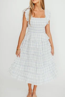 Clearance Worth Collective Adelynn Ruffle Midi Dress in White/Blue