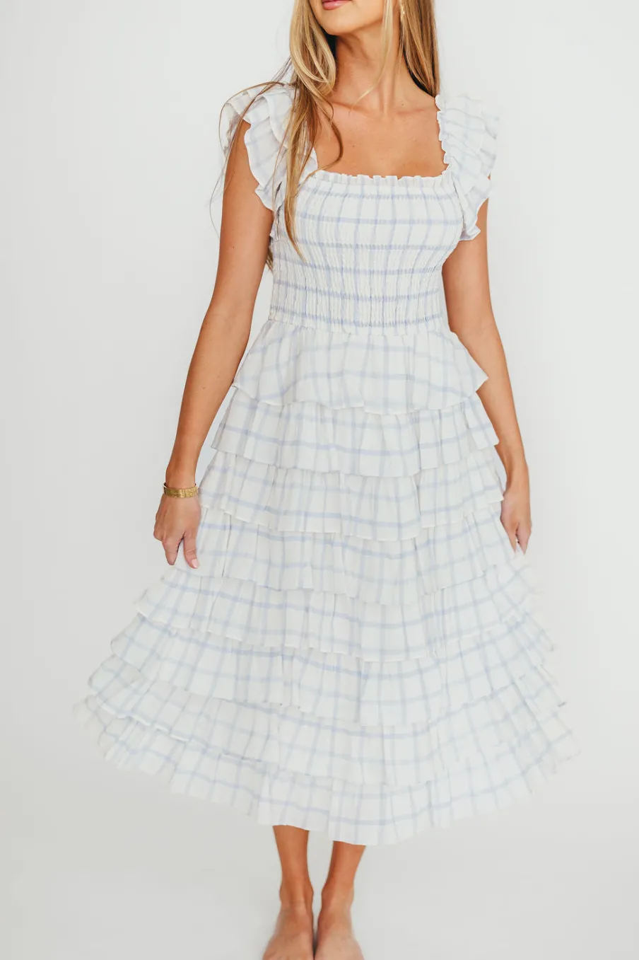 Clearance Worth Collective Adelynn Ruffle Midi Dress in White/Blue