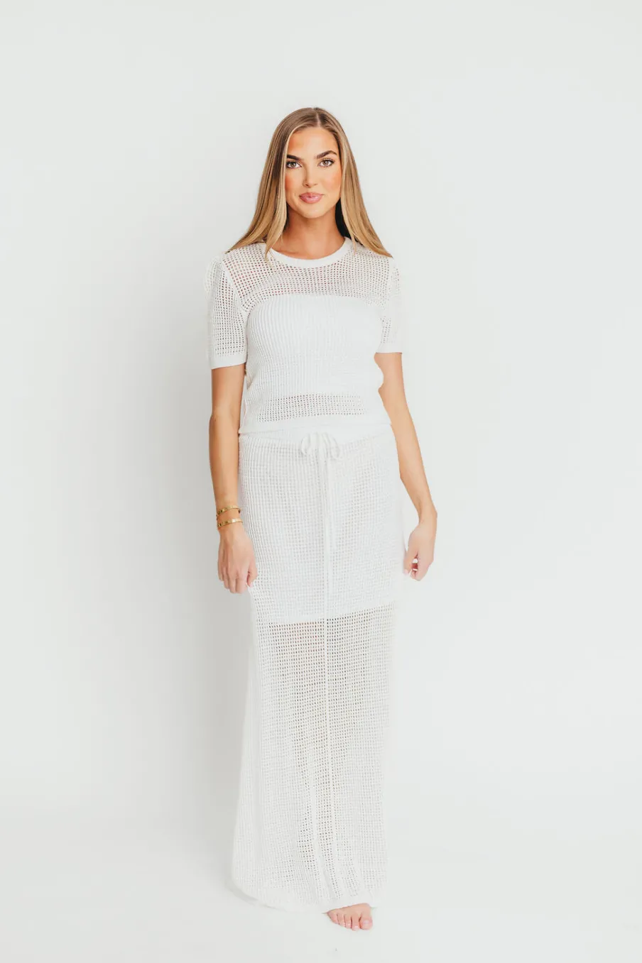 Hot Worth Collective Aidan Open Knit Top and Maxi Skirt Set in Off-White