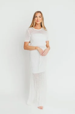 Hot Worth Collective Aidan Open Knit Top and Maxi Skirt Set in Off-White