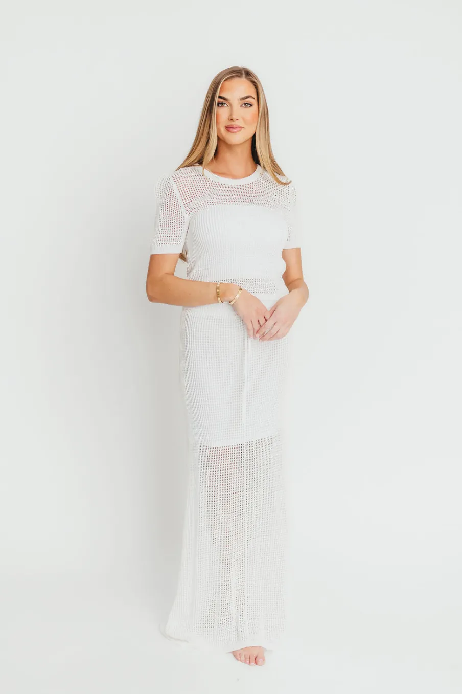 Hot Worth Collective Aidan Open Knit Top and Maxi Skirt Set in Off-White