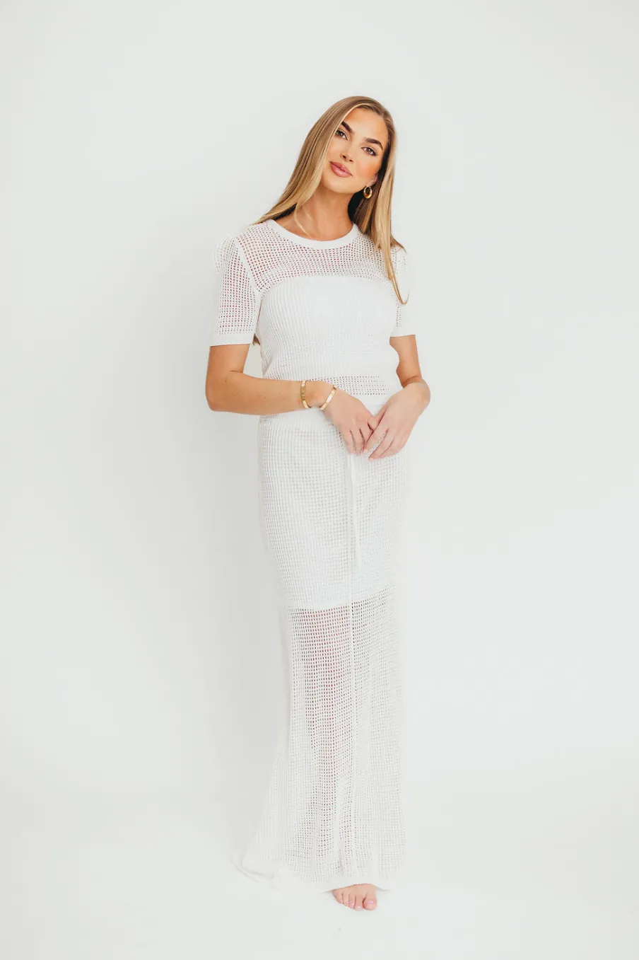 Hot Worth Collective Aidan Open Knit Top and Maxi Skirt Set in Off-White