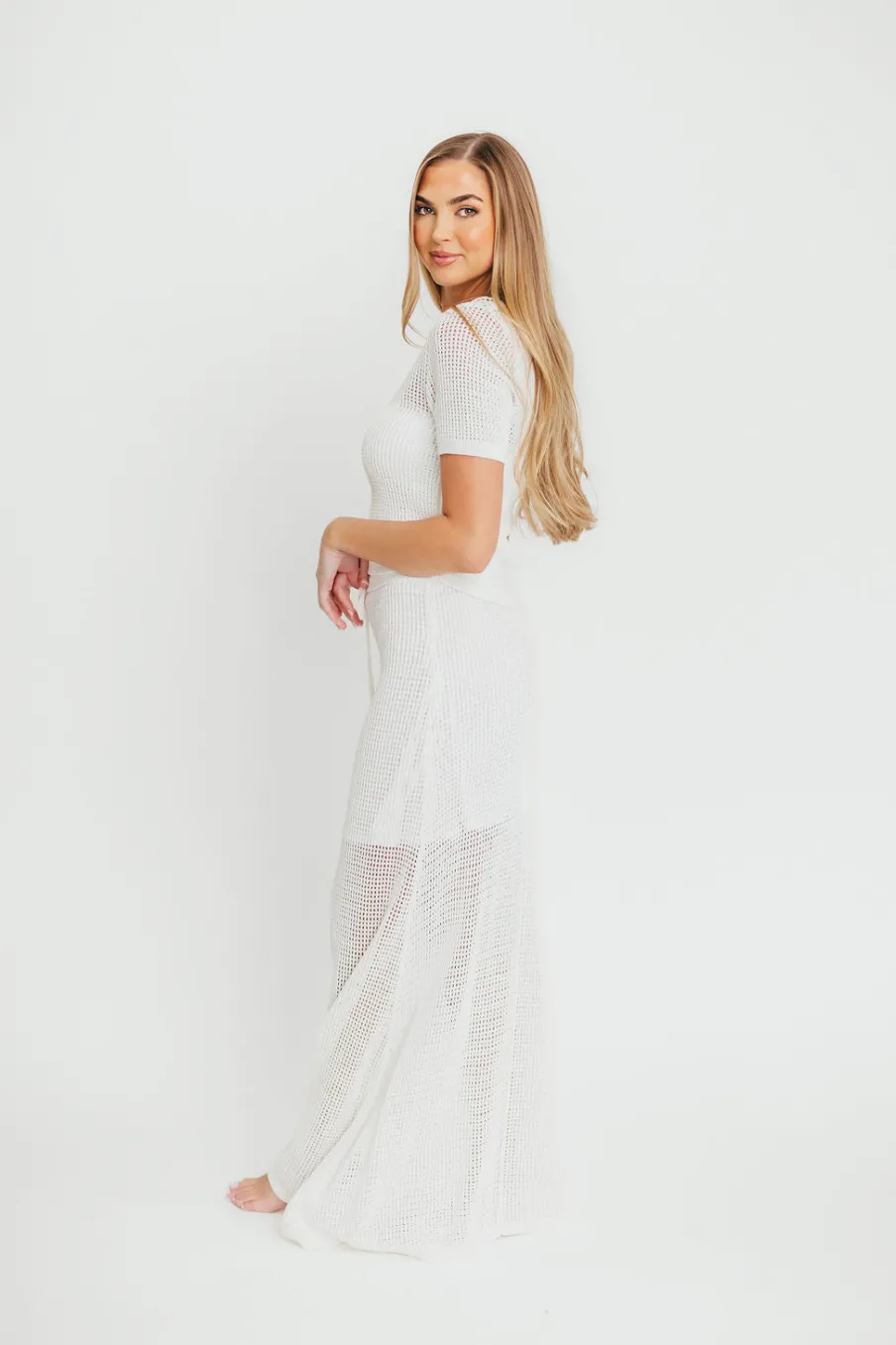 Hot Worth Collective Aidan Open Knit Top and Maxi Skirt Set in Off-White