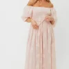 New Worth Collective Aimee Smocked Embroidered Floral Midi Dress in Blush