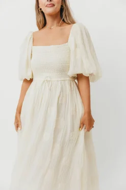 Sale Worth Collective Aimee Smocked Embroidered Floral Midi Dress in Ivory