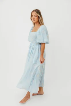 Best Worth Collective Aimee Smocked Embroidered Floral Midi Dress in Blue