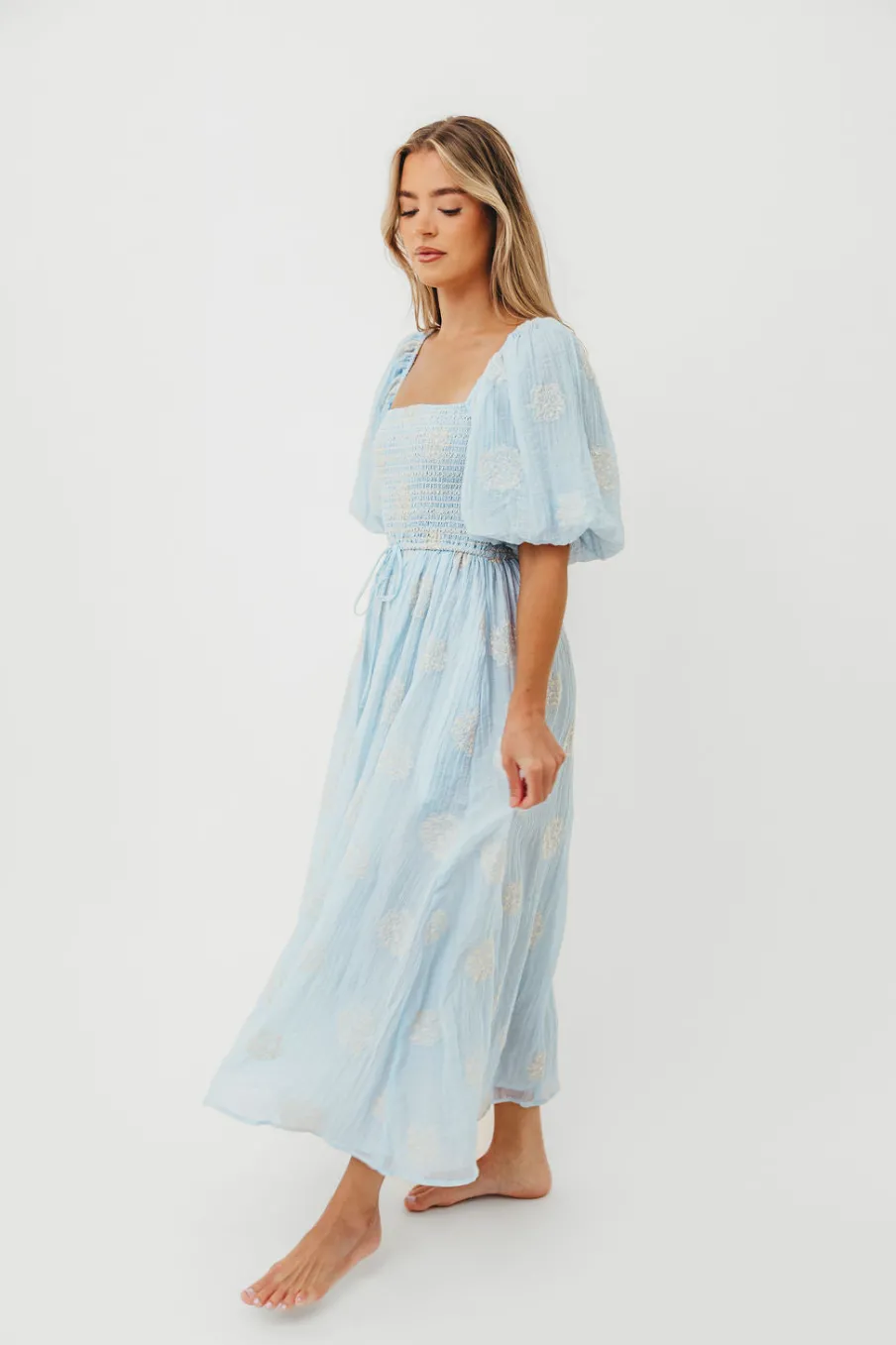 Best Worth Collective Aimee Smocked Embroidered Floral Midi Dress in Blue