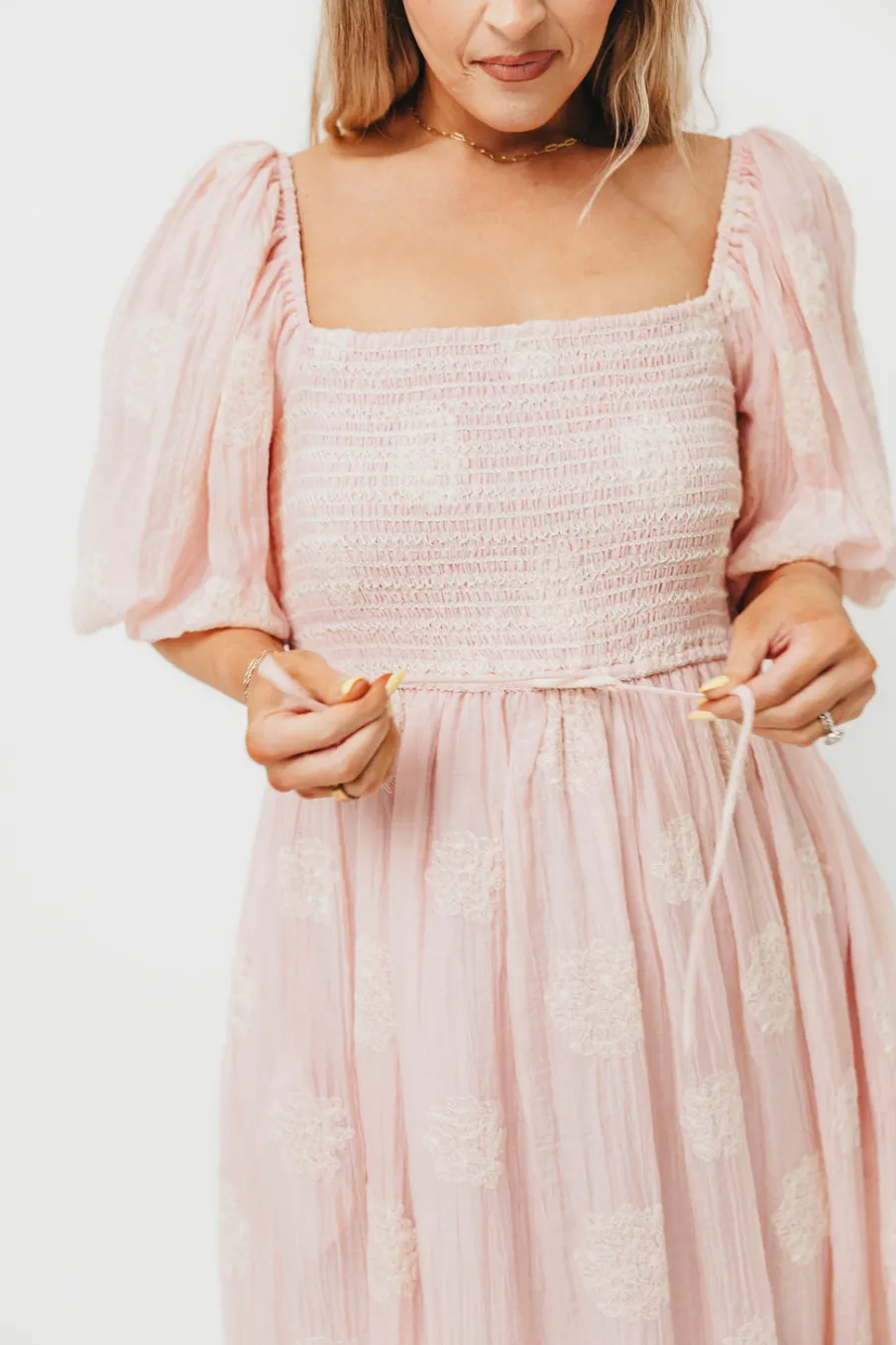New Worth Collective Aimee Smocked Embroidered Floral Midi Dress in Blush