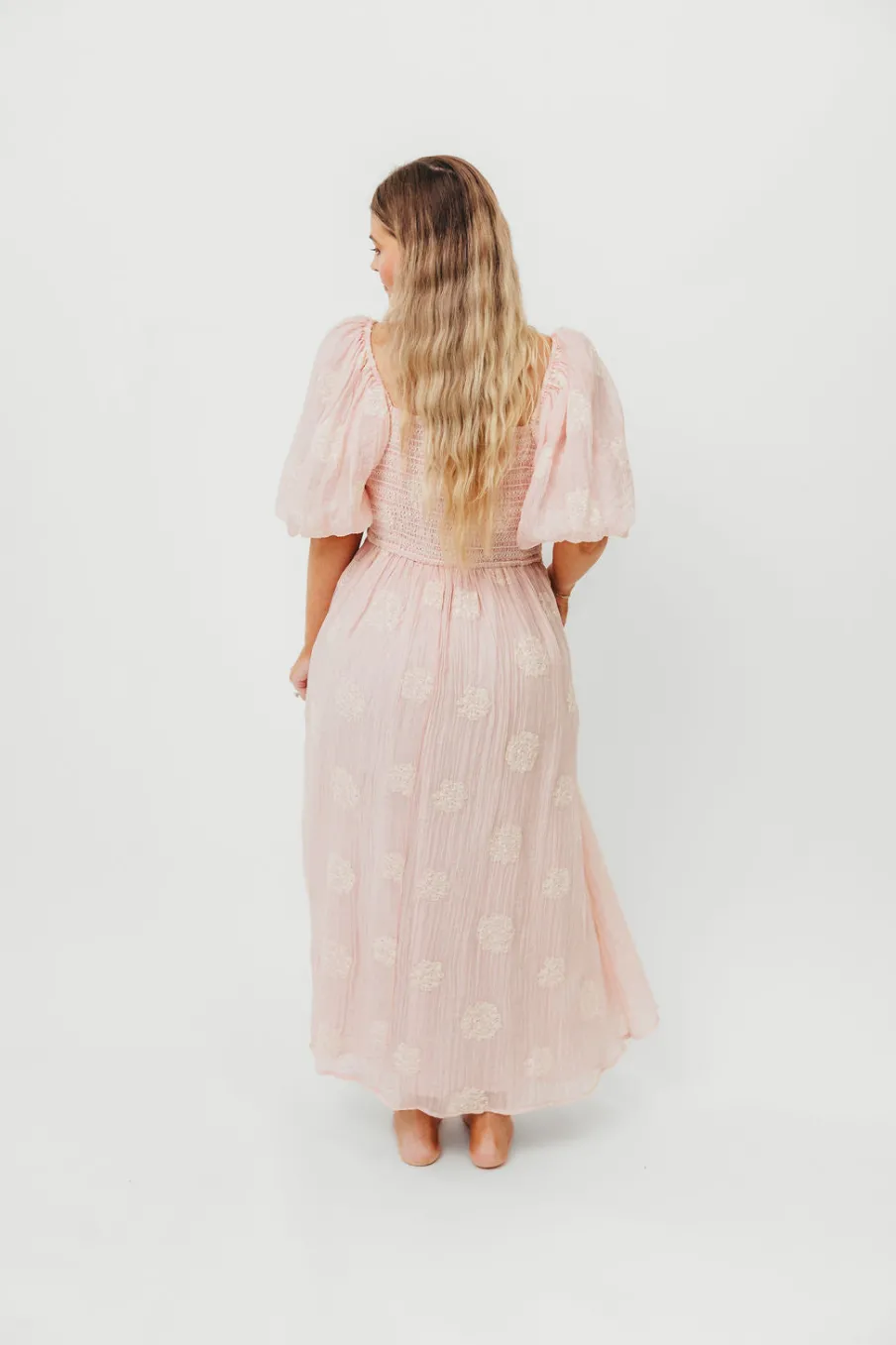 New Worth Collective Aimee Smocked Embroidered Floral Midi Dress in Blush