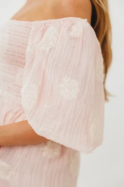 New Worth Collective Aimee Smocked Embroidered Floral Midi Dress in Blush