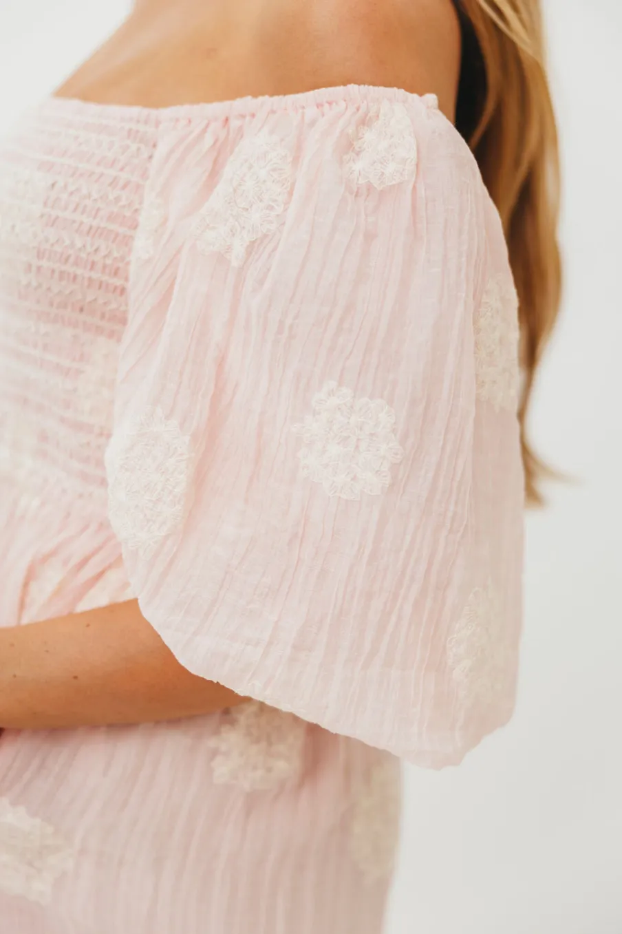 New Worth Collective Aimee Smocked Embroidered Floral Midi Dress in Blush