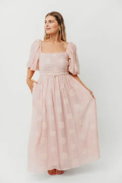New Worth Collective Aimee Smocked Embroidered Floral Midi Dress in Blush