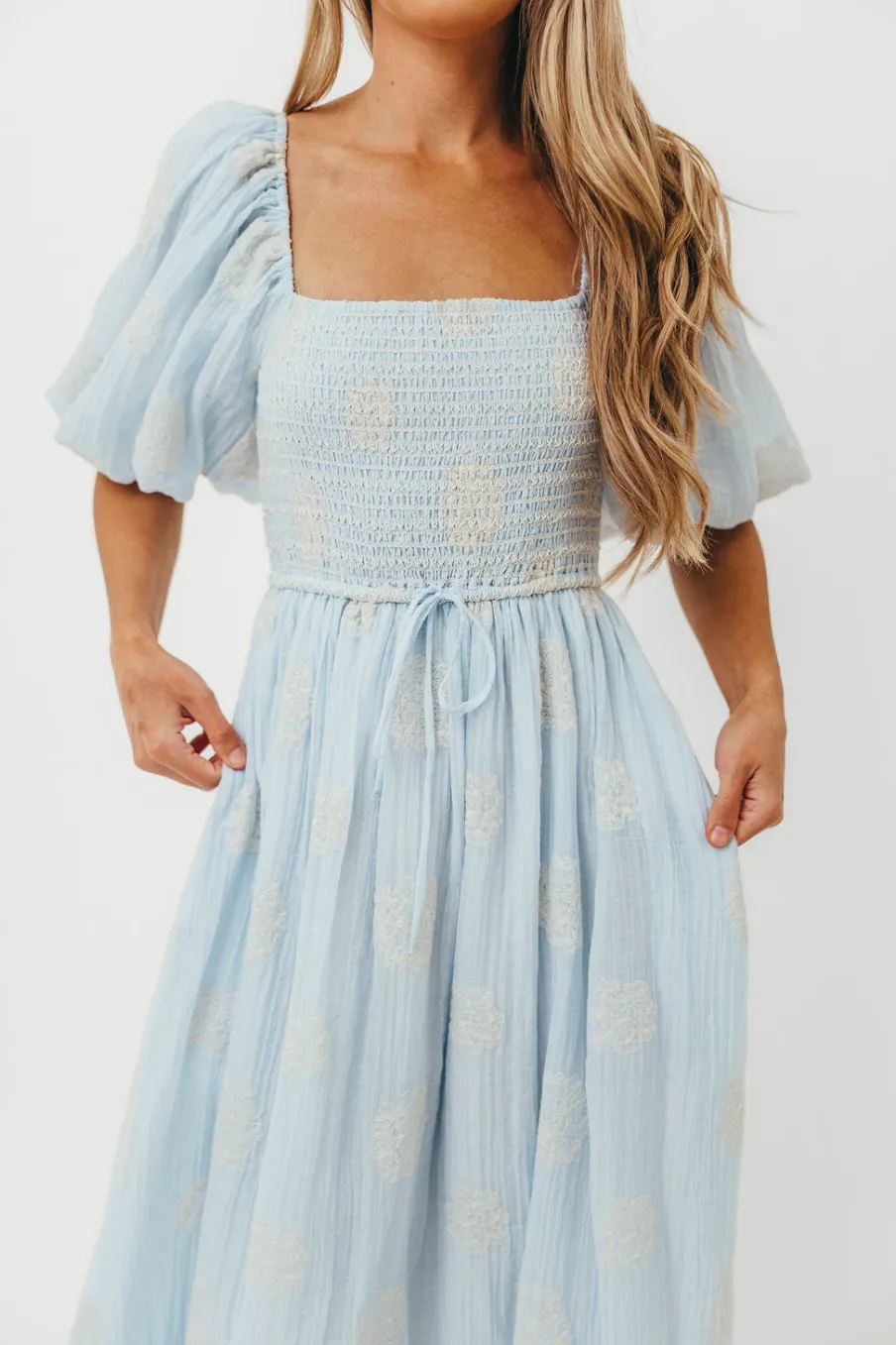 Best Worth Collective Aimee Smocked Embroidered Floral Midi Dress in Blue