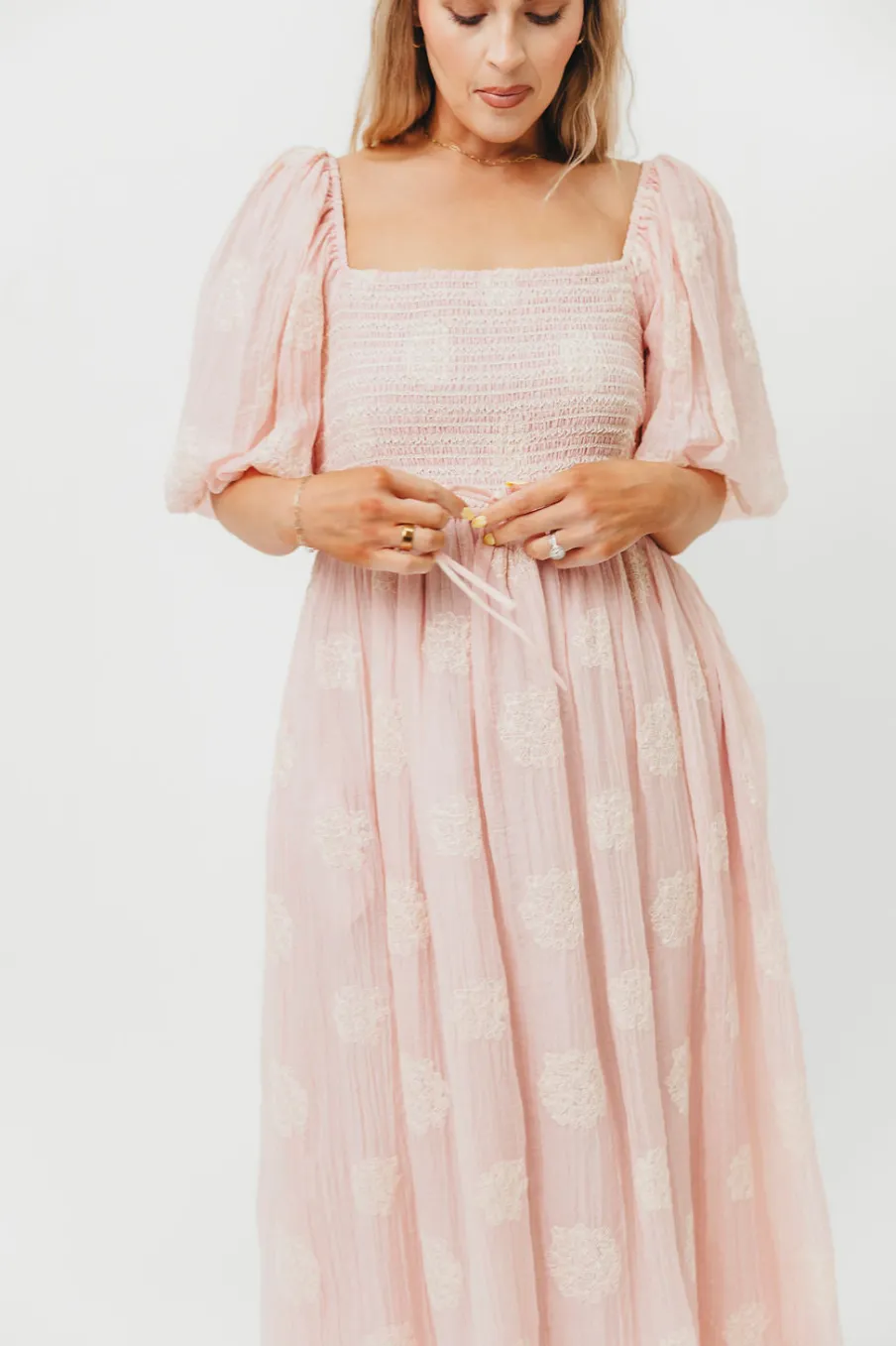 New Worth Collective Aimee Smocked Embroidered Floral Midi Dress in Blush