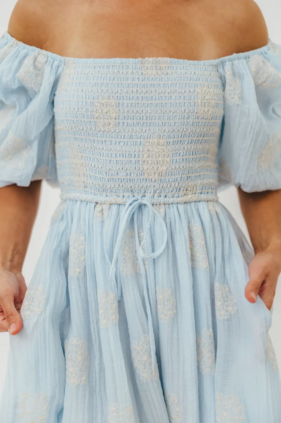 Best Worth Collective Aimee Smocked Embroidered Floral Midi Dress in Blue