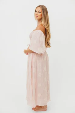 New Worth Collective Aimee Smocked Embroidered Floral Midi Dress in Blush