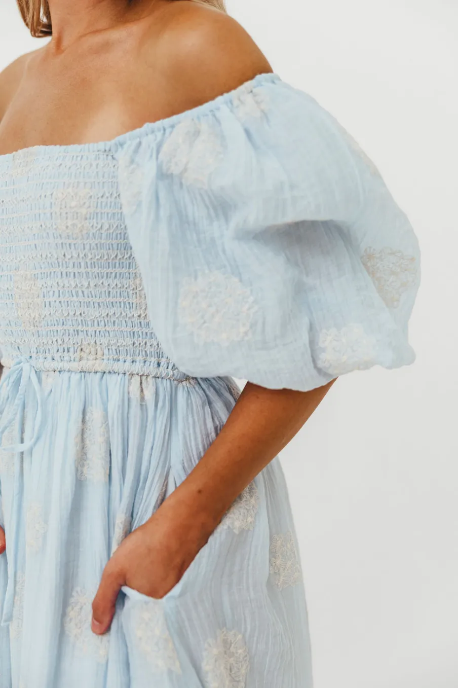 Best Worth Collective Aimee Smocked Embroidered Floral Midi Dress in Blue