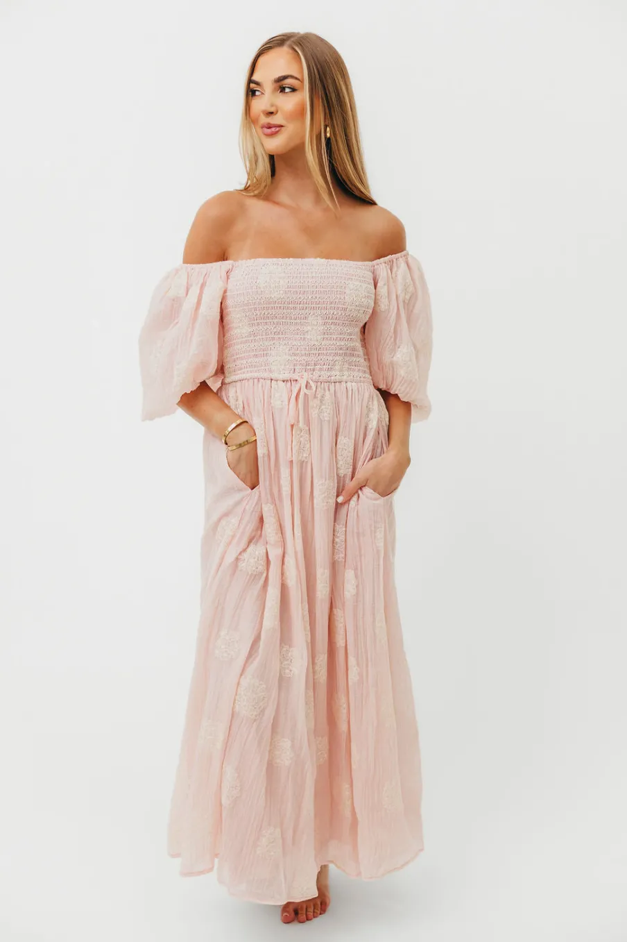 New Worth Collective Aimee Smocked Embroidered Floral Midi Dress in Blush