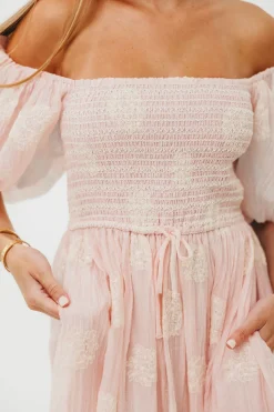 New Worth Collective Aimee Smocked Embroidered Floral Midi Dress in Blush
