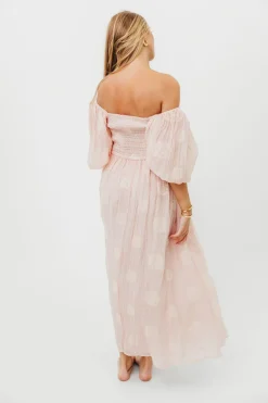 New Worth Collective Aimee Smocked Embroidered Floral Midi Dress in Blush