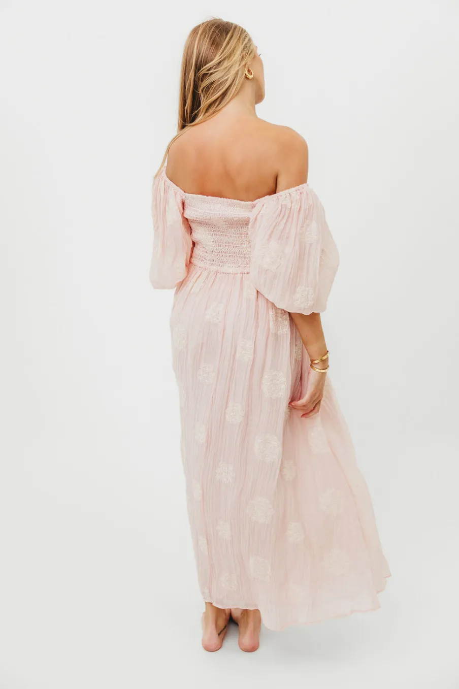 New Worth Collective Aimee Smocked Embroidered Floral Midi Dress in Blush