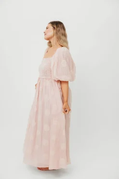 New Worth Collective Aimee Smocked Embroidered Floral Midi Dress in Blush