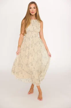 Best Worth Collective Alaina Floral Print Smocked Midi Dress in Blue Multi