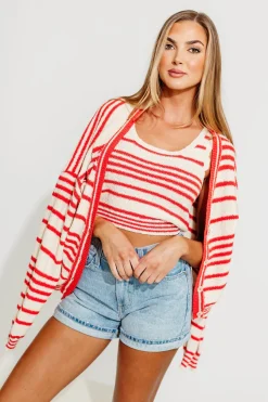 Outlet Worth Collective Alder Striped Cardigan and Stripe Tank Set in Natural/Red