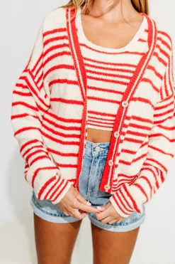 Outlet Worth Collective Alder Striped Cardigan and Stripe Tank Set in Natural/Red