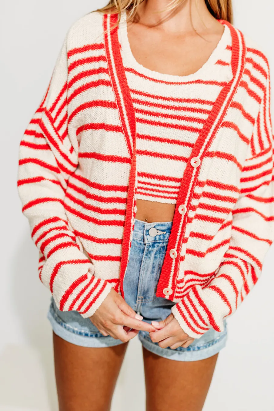 Outlet Worth Collective Alder Striped Cardigan and Stripe Tank Set in Natural/Red