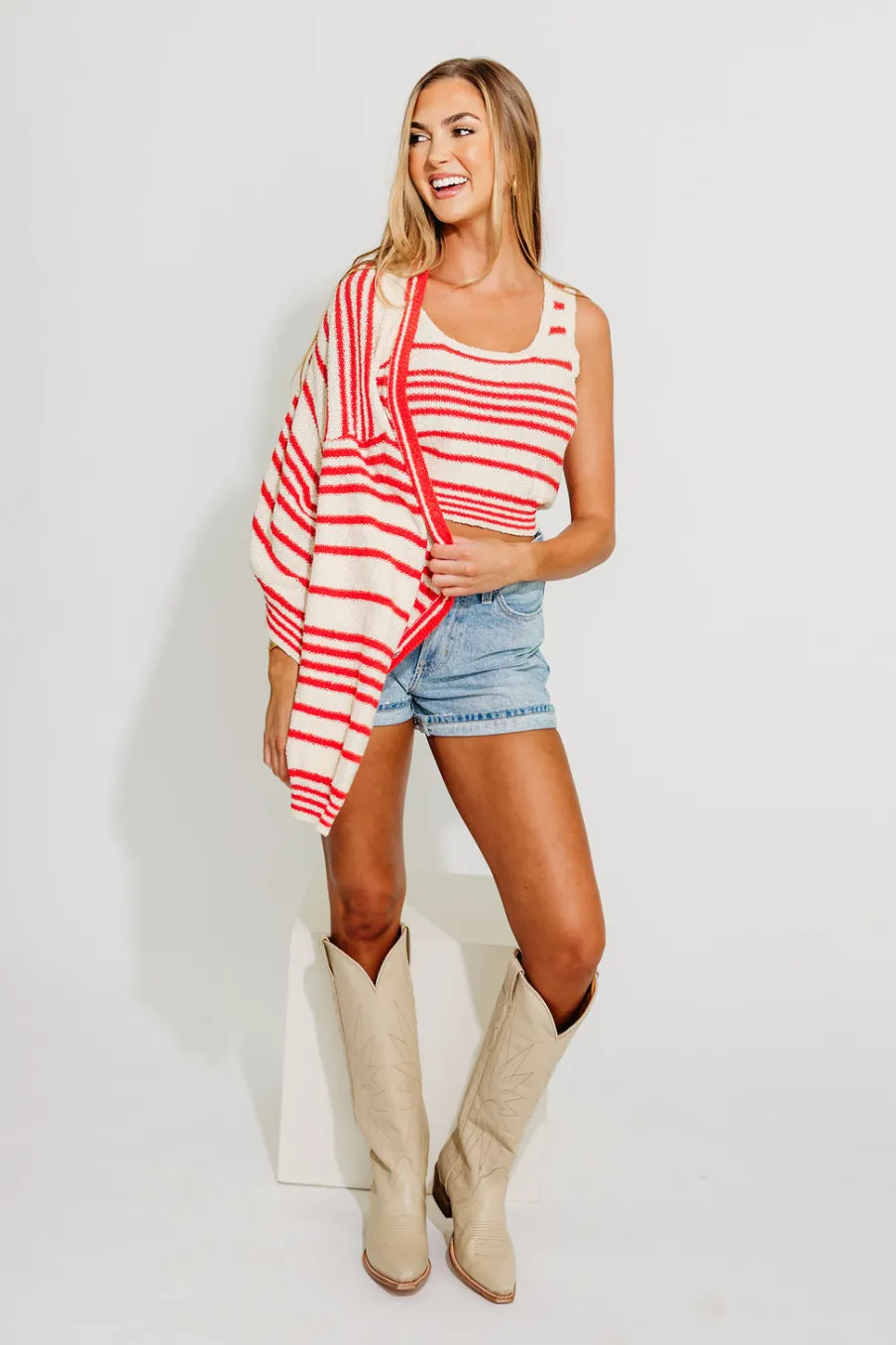 Outlet Worth Collective Alder Striped Cardigan and Stripe Tank Set in Natural/Red