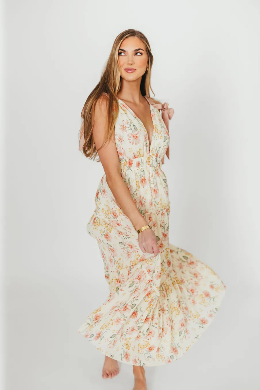 Online Worth Collective Ambrose Maxi Dress in Cream/Coral Floral
