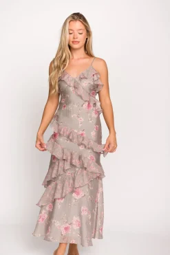 New Worth Collective Amelia Ruffle Maxi Dress in Grey/Pink Floral