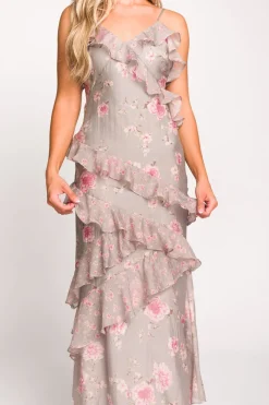 New Worth Collective Amelia Ruffle Maxi Dress in Grey/Pink Floral