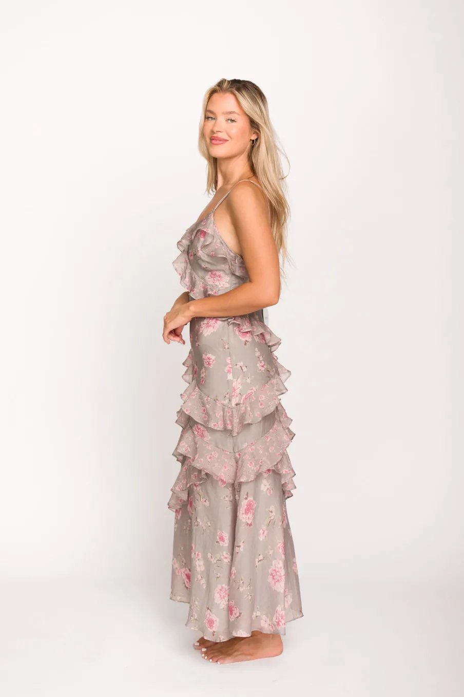 New Worth Collective Amelia Ruffle Maxi Dress in Grey/Pink Floral