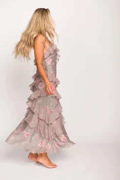 New Worth Collective Amelia Ruffle Maxi Dress in Grey/Pink Floral